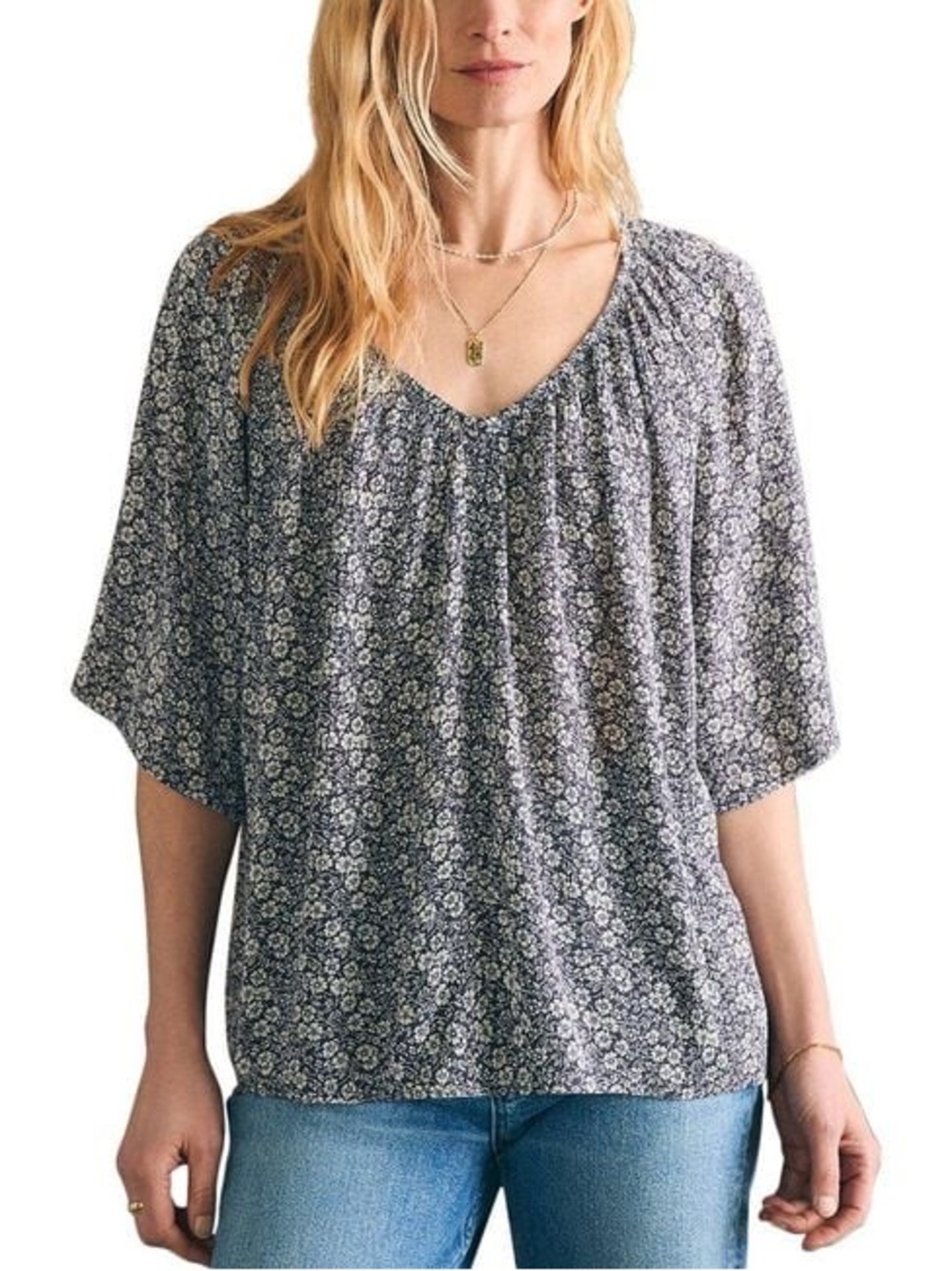 Faherty Amira Ditzy Floral Navy and White Boho Tunic